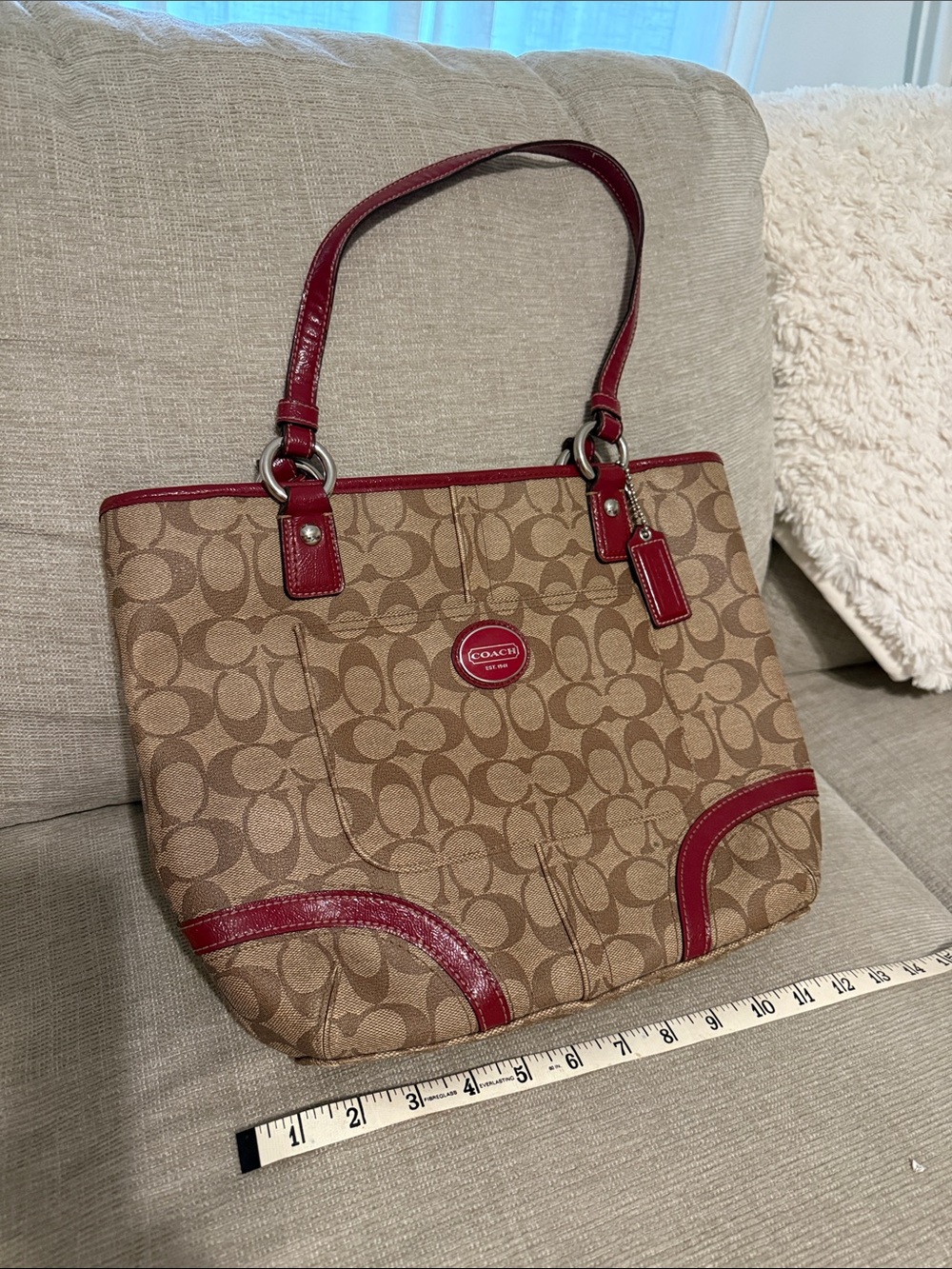 Coach Brown Signature Canvas Tote with Red Leather Trim